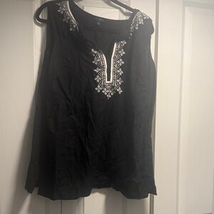 Talbots Black Sleeveless Blouse with White Embroidery Size 16W